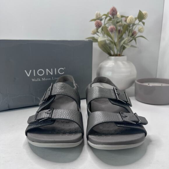 Vionic Albie Strappy Travel Leather Sandal Gray Orthotic Women 7.5 Wide - Picture 3 of 10
